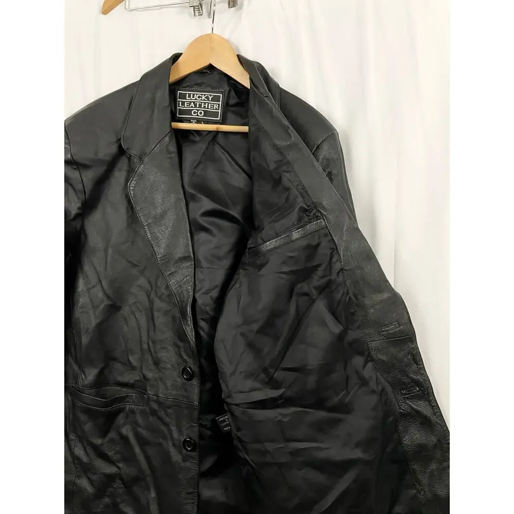 VTG Black Genuine Leather Jacket LARGE Lined Button Collar Lucky Leather Company
